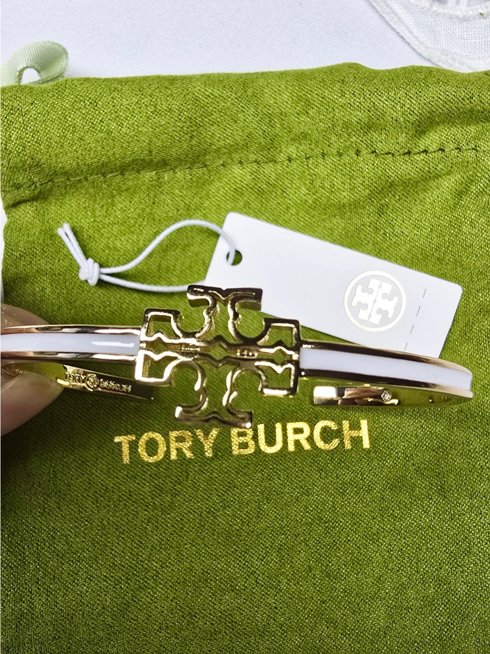 Tory Burch Adjustable Gold and White Enamel Double-Logo Hinged Bangle